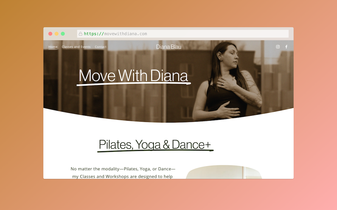 Mockup of web browser showing movewithdiana.com