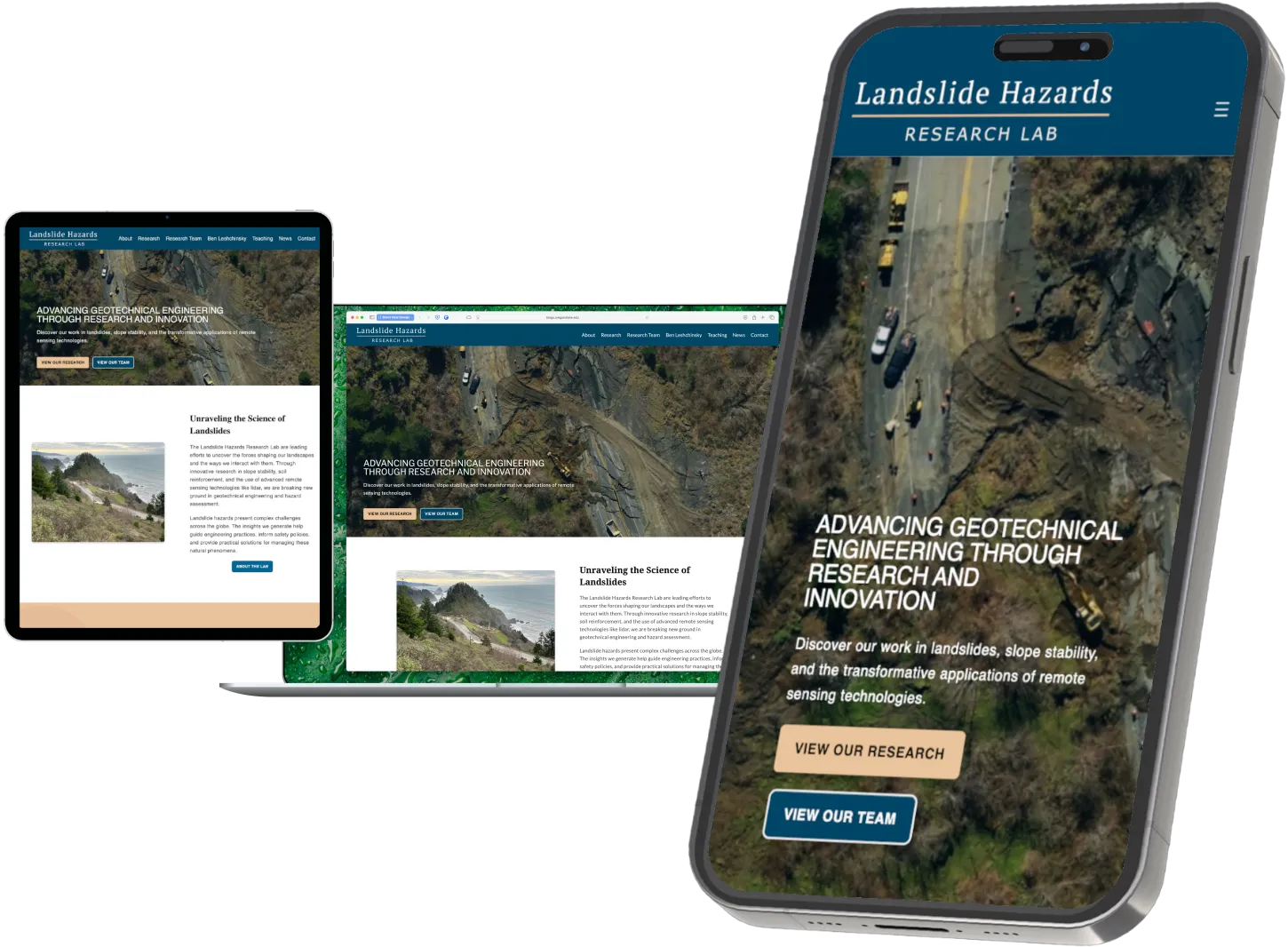 Desktop and mobile mockups for Landslide Hazards Research Lab.